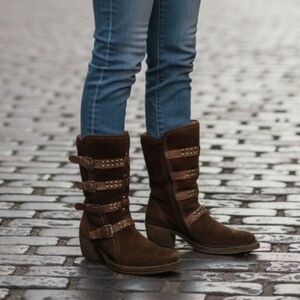 Studded Buckle Moto Boots Brown Suede Leather Mid-Calf Chunky Heel EU 41